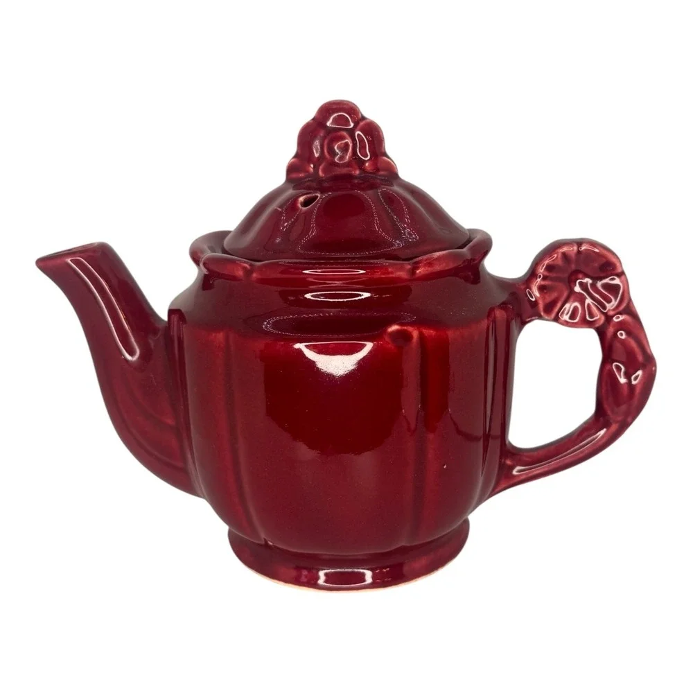 Vintage Shawnee  Burgundy‎ Red Ceramic Teapot 1940s Rosette Handle Finial Top 6